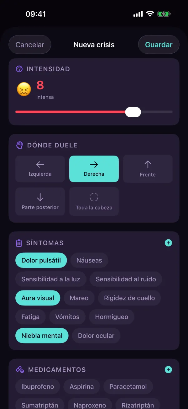 4Migraine — Intensidad, dónde duele, síntomas