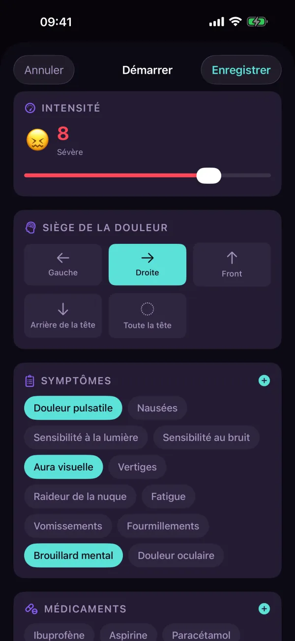 4Migraine — Intensité, siège de la douleur, symptômes